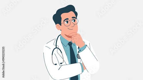 Pensive male physician in a lab coat with a stethoscope pondering healthcare solutions or patient questions