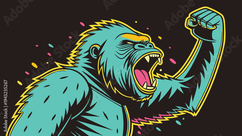 Vector illustration of angry gorilla roaring with fist raised, aggressive primate illustration