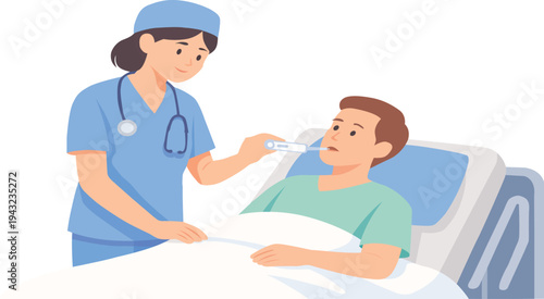 Nurse Measuring Patient Fever with Thermometer in Hospital Room Vector