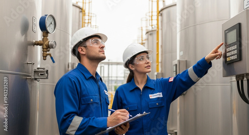 Industrial Workers Inspecting Equipment Controls.