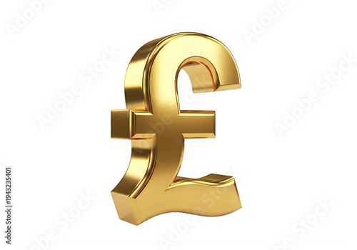 Three dimensional golden British pound sterling currency symbol with a glossy finish