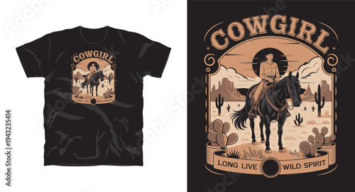 Cowgirl long live wild spirit, desert landscape with woman riding horse graphic t-shirt design