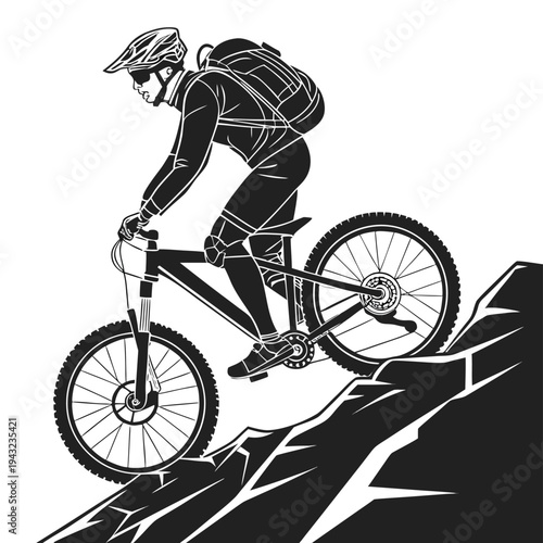 Vector illustration of mountain biker descending steep terrain