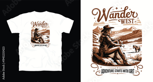 Wander west adventure starts with grit, cowgirl in desert landscape graphic t-shirt design
