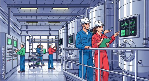 Industrial Workers in Factory Setting.