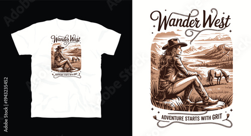 Wander west adventure starts with grit, cowgirl in desert landscape graphic t-shirt design