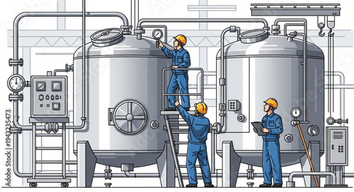 Industrial Workers Maintaining Large Tanks.