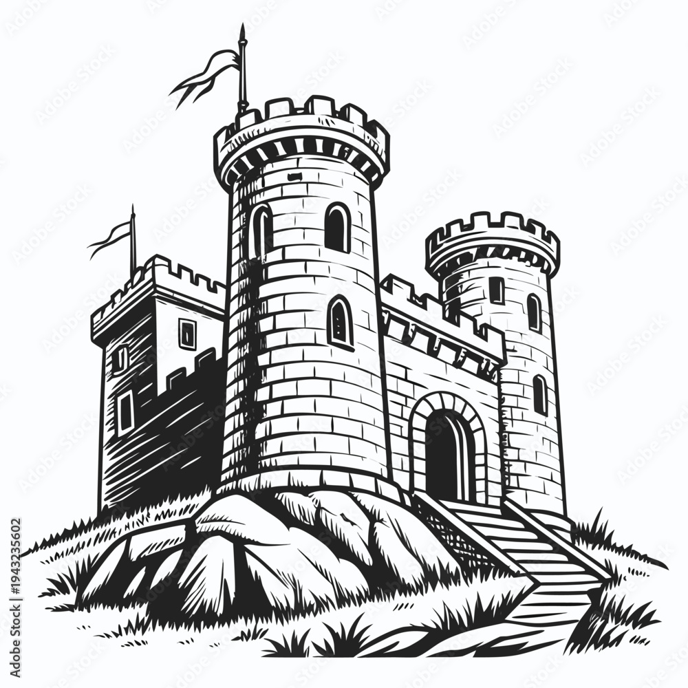 Obraz premium Vector illustration of castle on a hill, detailed illustration, historical architecture
