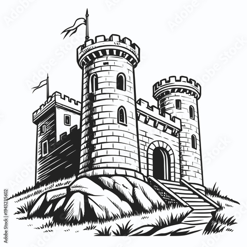 Vector illustration of castle on a hill, detailed illustration, historical architecture