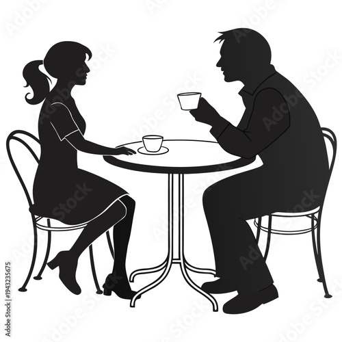 Vector illustration of couple silhouette enjoying coffee at a cafe table, intimate conversation