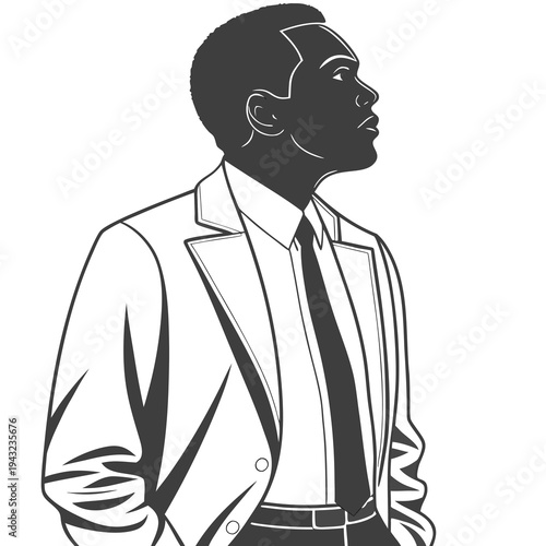 Vector illustration of silhouette of a man in a suit looking up, profile view, confident style