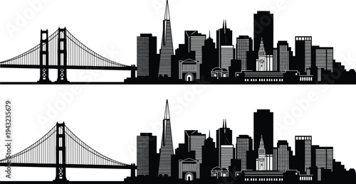 San Francisco skyline silhouette with Golden Gate Bridge and downtown skyscrapers, California cityscape panorama vector illustration isolated on white background