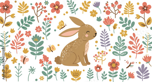 Brown rabbit sitting in a colorful garden surrounded by flowers and leaves on white background