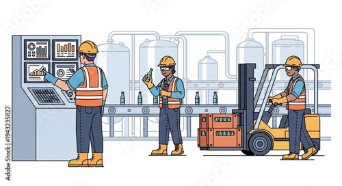 Industrial workers operating machinery and forklift in a factory setting.