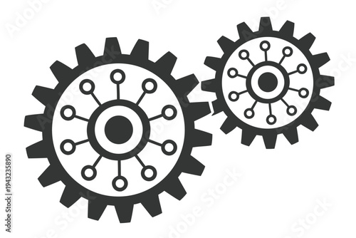 Black and white vector illustration of a gear wheel connected to digital nodes representing smart manufacturing and automation technology