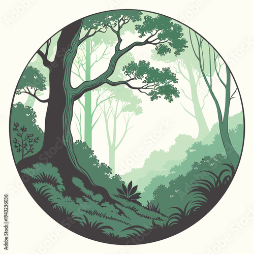 Vector illustration of enchanted forest scene with tall trees and lush foliage in a circular frame