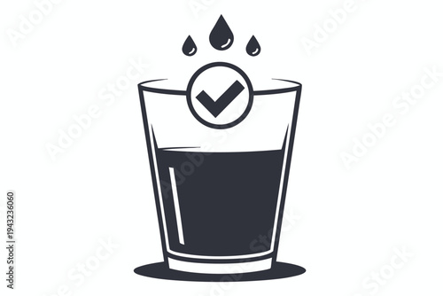 Minimalist vector icon of a glass of water with a checkmark symbol for hydration tracking and healthy lifestyle habit apps