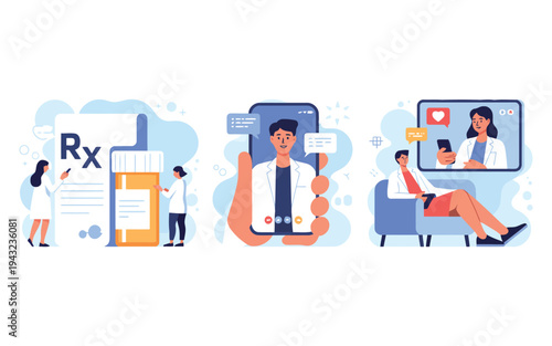 People interact with online pharmacy services, telemedicine, and remote doctor consultations