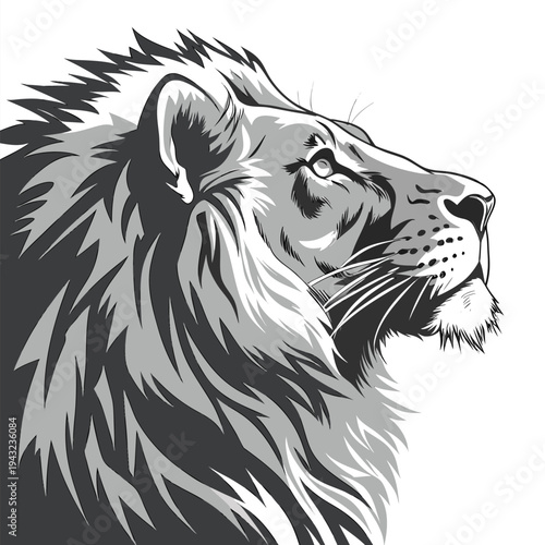 Vector illustration of majestic lion head profile, grayscale illustration, intense gaze