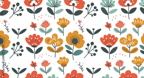 Vibrant floral pattern with colorful tulips and flowers on white background