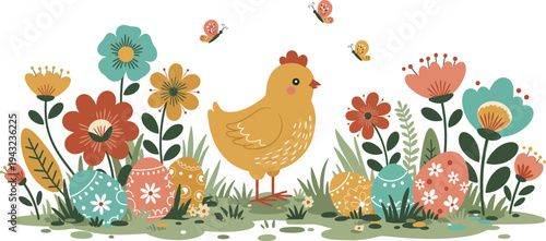 A colorful hen standing among vibrant flowers and decorated easter eggs in a garden scene