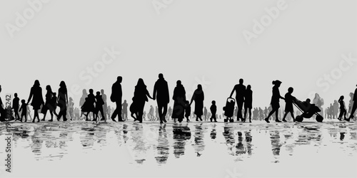 Diverse group of people silhouettes walking with reflections, isolated on transparent background.