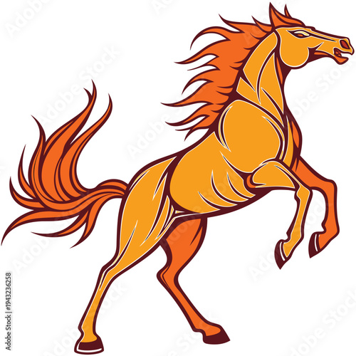 Vector illustration of rearing horse, stylized illustration with orange and red flames