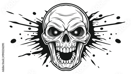 Vector illustration of screaming skull with ink splatters, aggressive illustration
