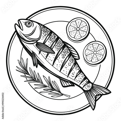 Vector illustration of grilled fish with lemon slices on plate, delicious seafood meal illustration