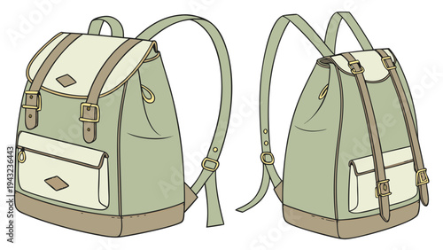 Vector illustration of vintage backpack illustration, front and back view, for travel and outdoor adventures