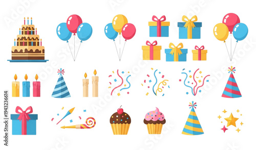 Flat Minimal Birthday Vector Icon Set with Cake Balloons Gifts and Party Elements