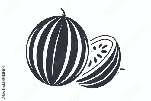 Striped outline vector illustration of a gooseberry fruit with a stem and leaf in a clean minimalist style