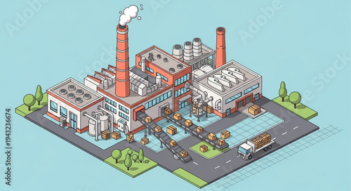Isometric Factory Building with Chimneys.