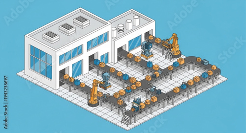 Isometric Factory Building with Machinery.