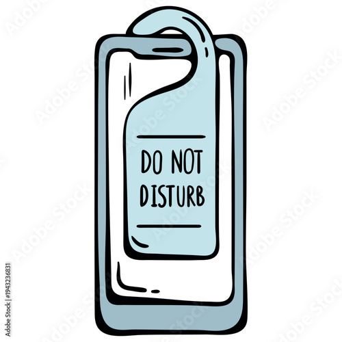 Do not disturb mode and mute all notifications on smartphone icon. Mobile phone with a door hanger sign. Hand drawn doodle style.