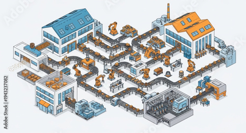 Isometric Factory Buildings and Workers.