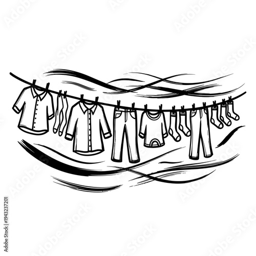 Clothes hanging on line with wind swaying fabrics in black and white  