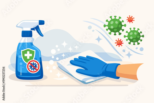 Hand in Blue Protective Glove Wiping Surface with Antibacterial Sanitizing Spray to Prevent Coronavirus Spreading, Disinfection and Hygiene Concept for COVID-19 Protection and Safety Measures