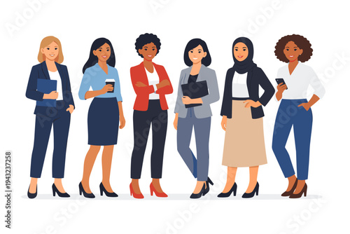 Diverse Group of Professional Businesswomen Standing Together in Office Attire. Multi-ethnic Female Team of Entrepreneurs, Managers, and Employees in Stylish Suits and Formal Wear. Flat Vector.