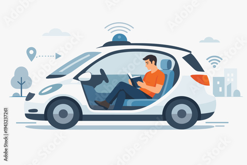 Vector illustration of a man sitting inside a white self-driving autonomous car reading a book while the vehicle drives itself using smart technology and sensors in a modern flat design style.