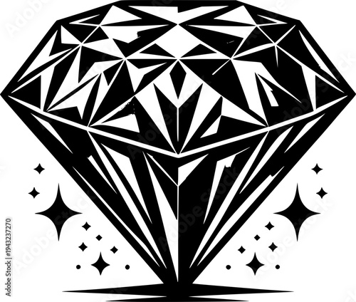 Diamond's Elegant Geometry: An artistic, high-contrast, black-and-white illustration of a meticulously crafted diamond, sparkling with intricate facets and radiant brilliance. 