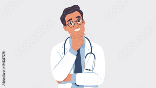 Smiling male doctor wearing a white lab coat and glasses ponders a medical question