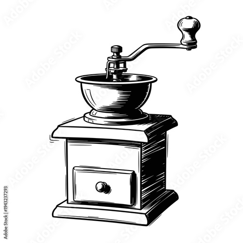 Vintage manual coffee grinder in monochrome illustration style  