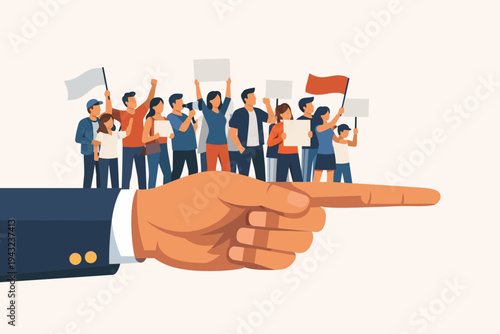 Vector Illustration of a Diverse Crowd of Protesters Holding Banners and Flags Standing on a Large Hand of a Politician or Leader Pointing the Way, Representing Political Influence and Activism