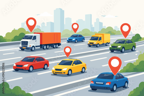 Flat vector illustration of various vehicles like cars and trucks driving on a highway with red location pin icons for GPS tracking, fleet management, logistics, and smart navigation systems.