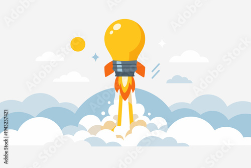Light bulb rocket launching into the sky above clouds, symbolizing a creative startup idea, innovation, and business success. Simple flat vector illustration for business and technology concepts.
