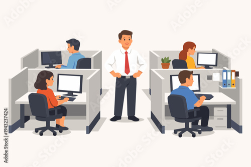 Vector Illustration of a Professional Office Environment with Employees Working in Cubicles on Computers and a Confident Manager Standing in the Center Supervising the Team and Workflow.