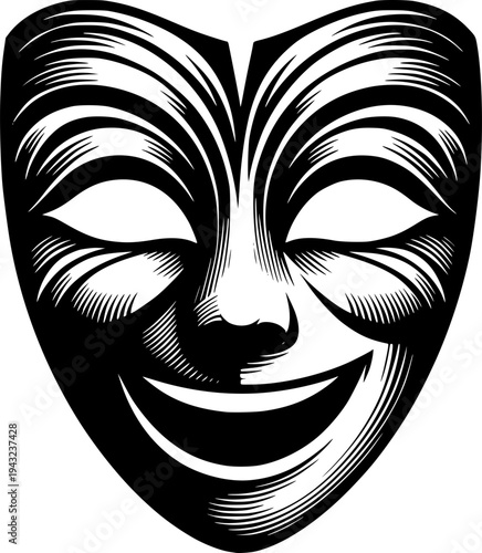 Smiling Mask Illustration: A meticulously crafted illustration presents a smiling mask with closed eyes, invoking themes of theatrical performance and hidden emotions.
