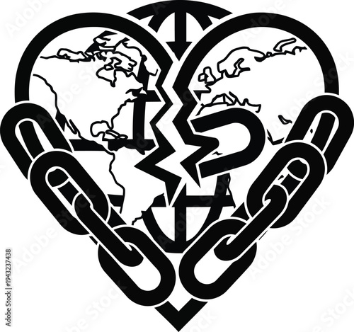 heart shaped globe with chains, broken earth