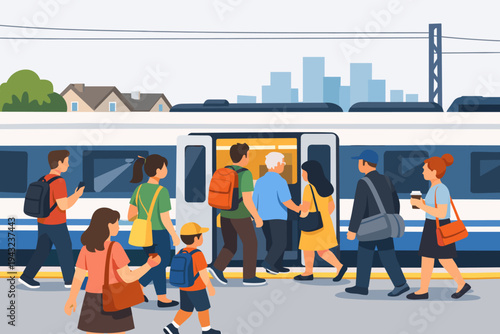 Vector Illustration of Diverse People Boarding a Modern Train at a Suburban Railway Station Platform with City Skyline and Houses in the Background, Commuters Traveling to Work or School.